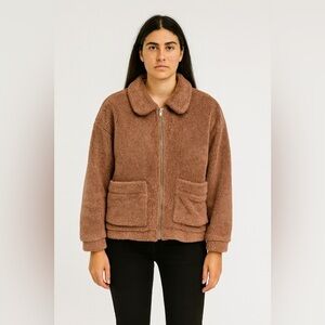 FARROW Teddy Sherpa Sweater Cardigan Coat Pink Rose Brown Tan Size M